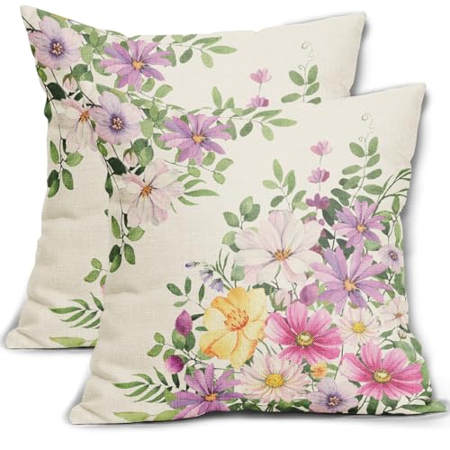 Spring Summer Pillow Covers 16x16 Inch Set of 2 Watercolor Purple Yellow Pink Daisy Floral Green Leaf Spring Themed Print Decorative Throw Pillows Seasonal Pillow Cases Couch Bed Sofa Decor