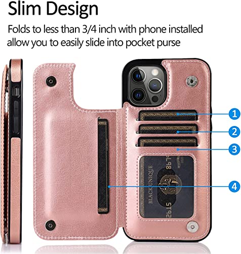 Étui portefeuille pour iPhone 14 Pro fin en cuir rose avec coque magnétique antichoc