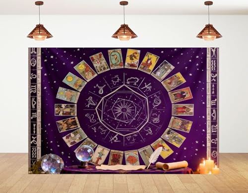 8x8ft Purple Tarot Card Backdrop with Crystal Ball and Candles for Tarot Parties Psychic Readings Mystical Photo Shoots and Spiritual Events Decorations Banner Photo Studio Props