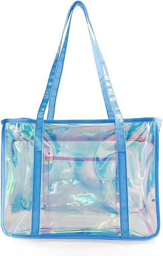 Star-Print Holographic Beach Bag - Waterproof Iridescent PVC Tote for Women, Stadium Approved Clear Tote for Travel