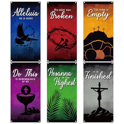 Sayglossy 6 Pcs Easter Church Banners for Sanctuary 6 x 3 ft Church Banners with Scripture Religious Empty Tomb He is Risen Hanging Backdrop Signs for Indoor Easter Holy Week Christian Event