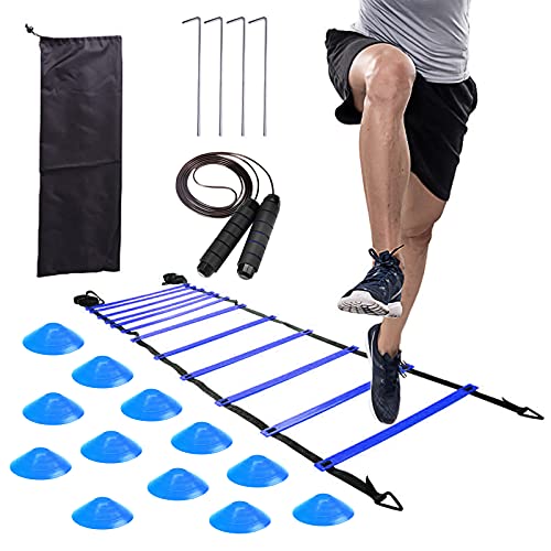 JENNY-BABY Agility Ladder, Agility Ladder Speed Training Equipment - Includes Ladder with 4 Stakes, 12 Agility Cones, Jump Rope - for Training Football, Soccer, and Basketball Athletes