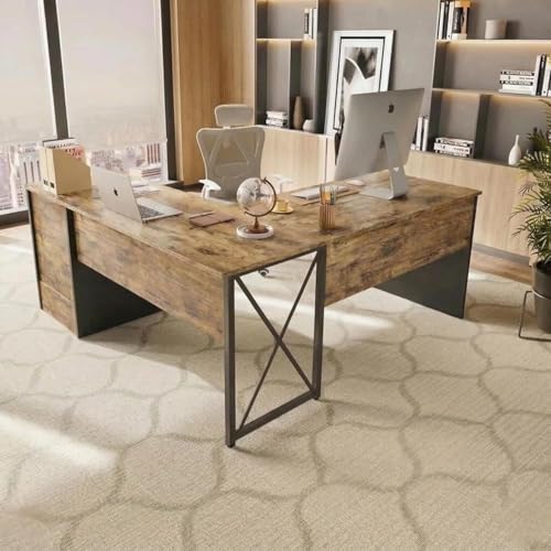 Image of TEKAVO Rikin L Shape Executive Desk | Director Table for Office | Manager Desk with Drawer Storage | L Shaped Office Table | Brown & Black Wood | Metal (160Cm x 55Cm x 75Cm) | DIY