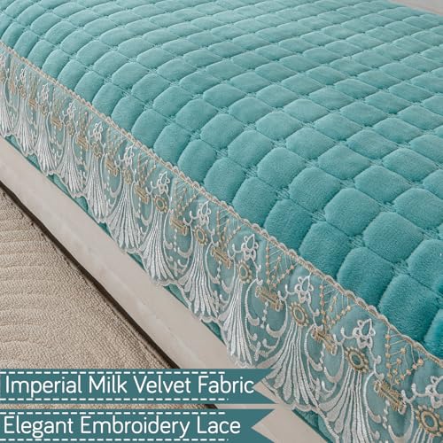 Image of HOKIPO 'BelleLace Series' Imperial Milk Velvet Sofa Cover Mat with Lace Design| Make Your Own Sofa Cover Set, Mat Length 90(D) x 60(L) cm, Teal (AR-5962-TEAL)