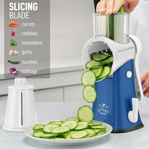 Image of Zulay Kitchen Rotary Cheese Grater 5 Blade Cheese Shredder - Manual Hand Crank Cheese Grater With Reinforced Suction & 5 Interchangeable Drums - Easy to Use, Vegetable Chopper Round Mandoline Slicer
