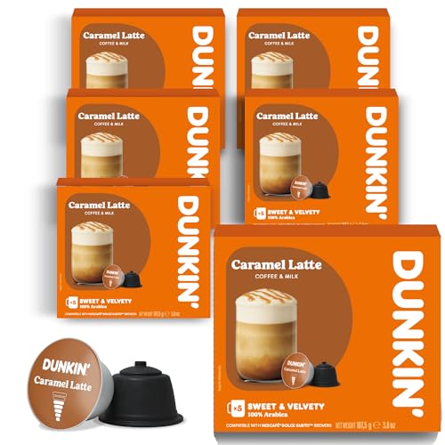 Dunkin' Donuts Caramel Latte – 60 capsules de café | compatible avec les machines Dolce Gusto | Latte instantané au goût caramel | Crémeux, doux et aromatique | Fabriqué en Italie