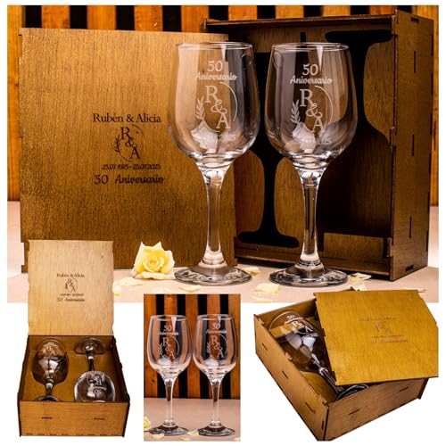 Olesea Copas de vino personalizadas| Regalo para novios y bodas|Aniversarios cumpleaños|Estuche premium incluido|Grabadas|Hombre Mujer Pareja|Boda de Oro (2 Copas + Estuche Madera)