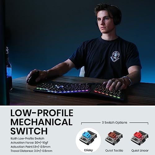 Image of Perixx PERIBOARD-835BL Wireless Ergonomic Mechanical Keyboard - RGB Backlit - Low-Profile Blue Clicky Switches - Multi-Device Connection - Compatible with Windows and Mac OS X - US English
