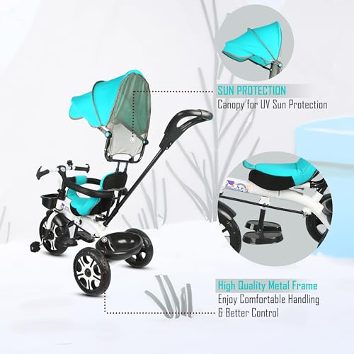 Image of BABY SMILE 4-in-1 Kids Tricycle with Adjustable Canopy, Parent Push Handle, Red and White (Green)
