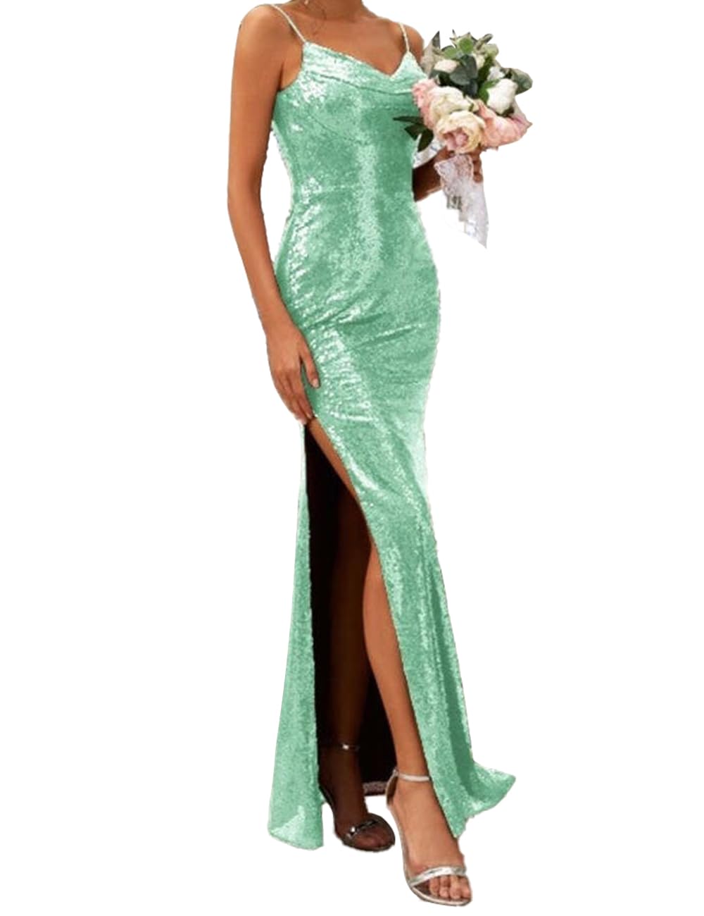 2023 Women's Long Sequins Bridesmaid Dresses Glitter Off Shoulder Mermaid Formal Gowns Spaghetti Straps Slit Dress