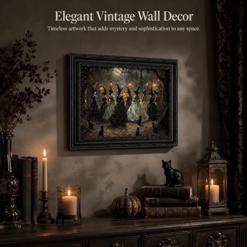 Black Framed Wall Art Gothic Witch with Black Cat Canvas Print Dark Academia Halloween Decor Picture Moody Fantasy Witch Dancing Artwork for Living Room Bedroom 9x11 inch - image 2
