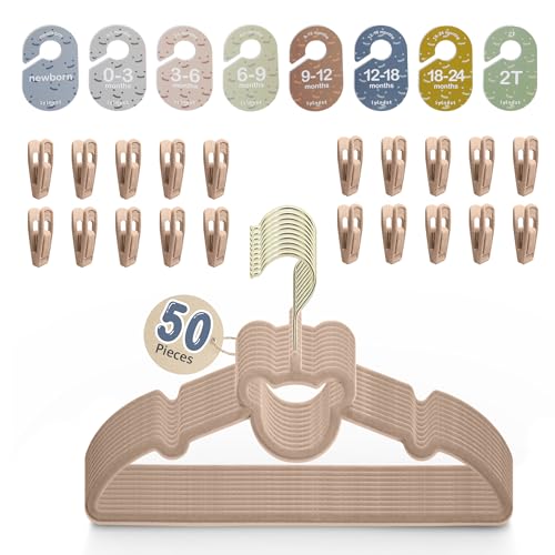 Image of Velvet Baby Hangers with Clips – Organize Baby Clothes by Age with Size Dividers – Save Closet Space for Newborn to Toddler Outfits – Perfect Nursery Must-Have (Dune)
