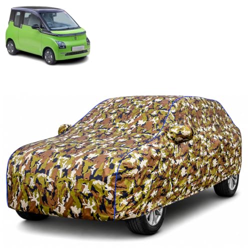 Image of Waterproof Car Body Cover for MG Comet EV with Mirror Pocket| Cotton Inner Lining | Triple Stitched | All Weather Protection | Dust, UV & Rain Proof (Camouflage with Blue Piping)