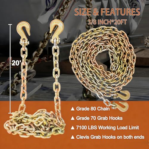 Image of 3 /8 Inch x 20FT G80 Transport Binder Chain Safety /Binder Chain with Clevis Grab Hooks 7,100 lbs Safe Working Load Logging Chain for Transporting Towing Tie Down Binding Equipment, Pack of 2