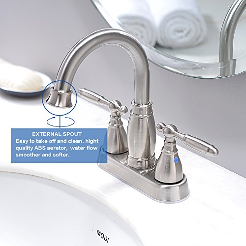 Brushed Nickel 2 Handles 4 Inch Stainlees Steel Lavatory Bathroom Faucet By Phiestina, Modern Contemporary Centerset Bathroom Faucet For Sink With Copper Pop Up Drain And Water Supply Lines, BF17-4-BN