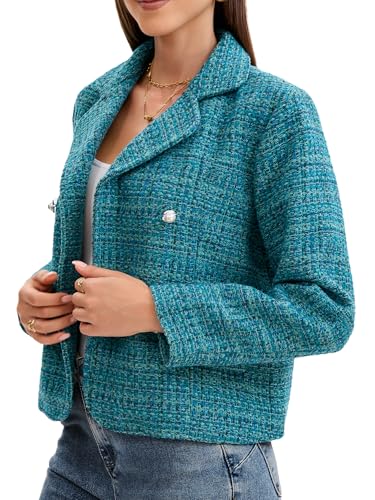 Women's Cropped Tweed Blazer with Pearl Button Elegant Textured Double Breasted Short Jacket for Work Casual3