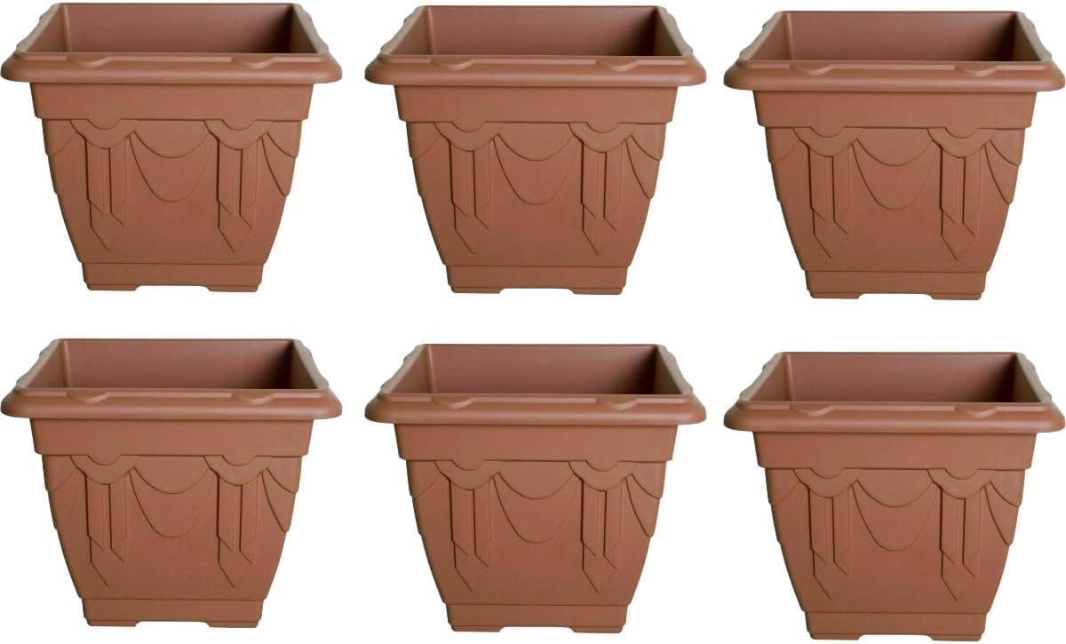 shopior Antique Durable Square Planters Indoor & Outdoor Spaces| 30cm Plastic Garden Venetian Style Flowers, Herbs, Barrel - Over Fence and Decorative Plant Pots - Patio or Home Decor (6, Terracotta)
