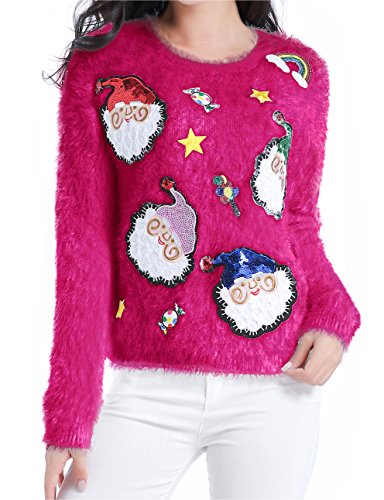 v28 Varied Ugly Christmas Sweater for Women Merry Reindeer Shirt Knit Sweaters (X-Small, ShiningSanta HotPink)