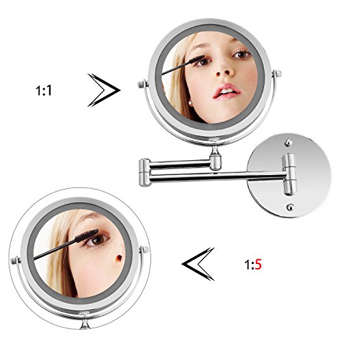 BATHWA Wall Mounted Mirror LED Beauty Mirror 1X/5X Magnification Double Side, Folding Vanity Lamp Retractable 360 Rotating Function Shaving mirror, Powered by 4 x AAA Batteries (not included)