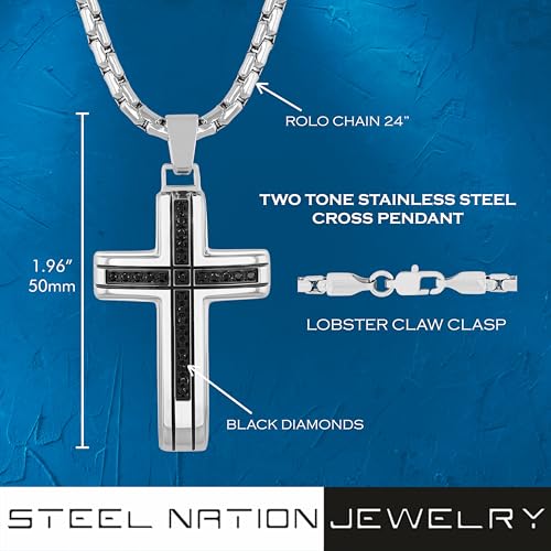 Men’s 0.25 CTW Black Diamond Cross Pendant Necklace in Stainless Steel with 24 Inch Rolo Chain, Modern Jewelry Gift for Him3