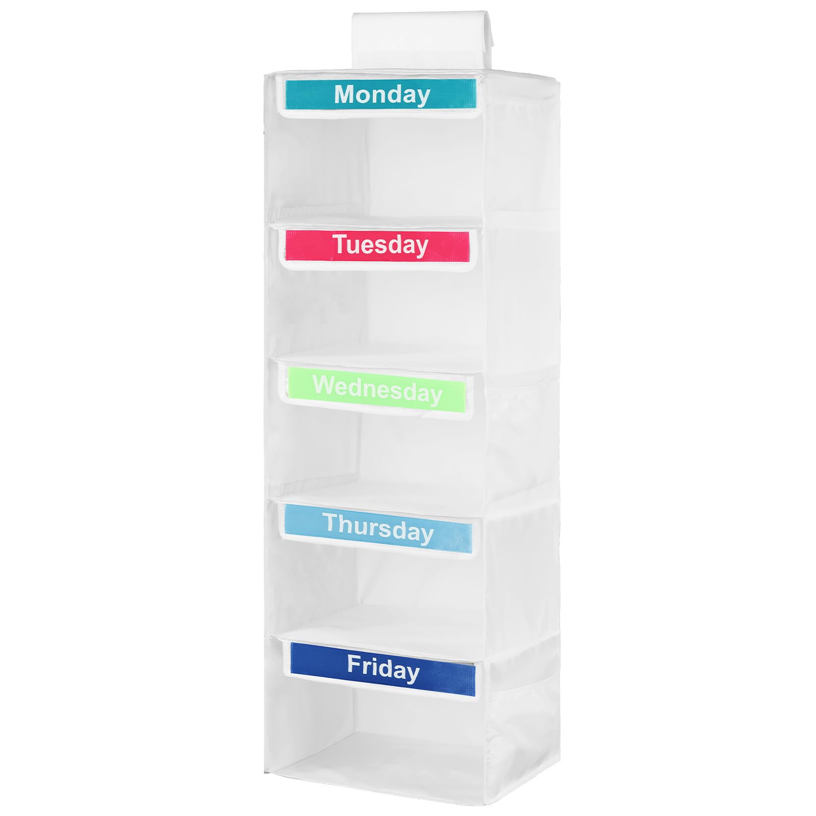 Weekly Clothes Organizer for Kids, Polyester Weekly Shelf Hanging Closet Organizer Kids Day of Week Clothes Organizer Versatile Kids Weekly Clothes Organizer for Hats T-Shirts Bags Towels (White)