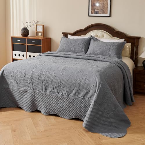 Image of EVENHUG Oversized King Bedspreads California King Quilt Set with Pillow Shams Extra Wide Large King Size Quilts Lightweight Coverlet Bedding Sets Light Grey 120 inchx128 inch