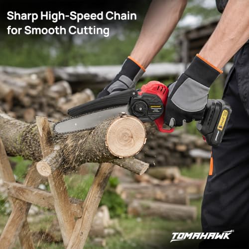 Image of TOMAHAWK TCS-8A Cordless Chainsaw 8 inch with Brushless motor, 20V Battery, Dual Switch Safety, Includes 2 Batteries & Charger, Portable Electric Handheld Saw for Gardening, Wood Cutting.