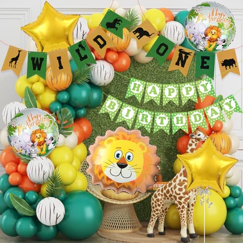 Image of Rozi Decoration Safari Theme First Birthday Party Decorations Set, 57 Pieces with Wild One Banner, Balloons, Jungle Animal Design, Green and Gold