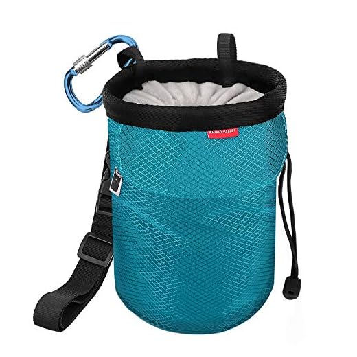 Rhino Valley Climbing Chalk Bag, No Leak Drawstring Closure Bag with Adjustable Belt, Carabiner Clip and Zippered Pockets for Climbing, Gymnastics, Cross Fit, Weight Lifting & More, Light Blue