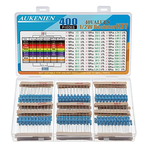 AUKENIEN 1/2W Resistencias 40 Valores 400 Piezas Película Metálica Resistencia Electronica Kit 1 a 1M Ohm Electrónicas Resistor Cumple con RoHS con Tolerancia de ± 1%