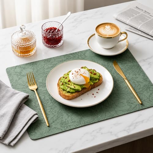Image of Yelona Premium Faux Leather Placemat Set of 4 | Printed Floral Design, Waterproof & Heat Resistant Table Mat | Non-Slip, Washable for Dining, Kitchen & Home Decor (Green, 43 x 30 cm)