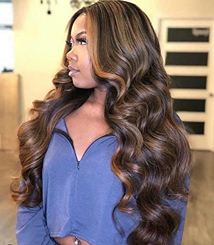 AISI HAIR Long Wavy Brown Mix Blonde Wigs for Women 28 inches Side Part Body Wave Curly Highlights Wig Natural Looking Realistic Synthetic Hair for Daily Party Use