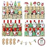 Kleine Holzklammern Weihnachten 40 Stück, QXRXN Wäscheklammern Holz Klein mit Jute Schnur, Mini Deko Klammern Weihnachten mit Weihnachtsmotiv für Fotos Fotowand Postkarten Briefen Weihnachtsdeko