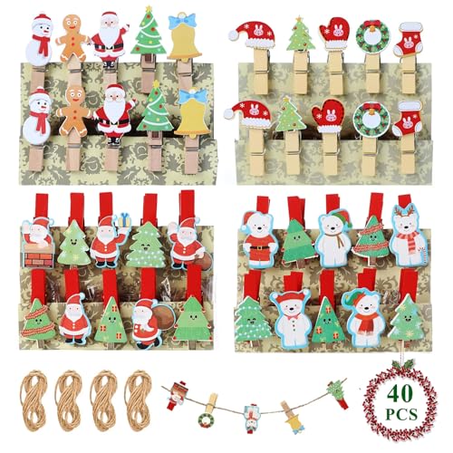 Kleine Holzklammern Weihnachten 40 Stück, QXRXN Wäscheklammern Holz...