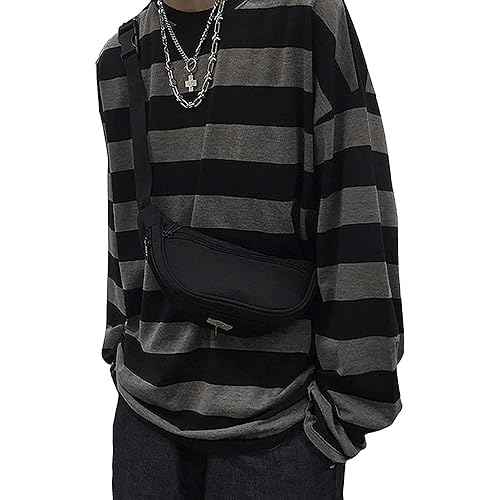 Striped Crewneck Long-Sleeve T-Shirt Alt Pullover Emo Shirt Punk Japanese Harajuku Streetwear - Medium - Gray