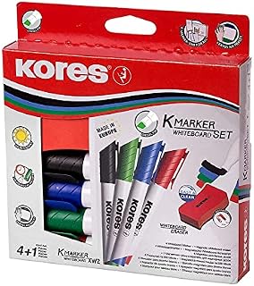 Kores - K-Marker XW2: Coloured Whiteboard Marker Pens with Chisel Tip, Dry Wipe and Low-Odour Ink, School and Office Supplies, Set of 4 Assorted Colours + 1 Magnetic Eraser