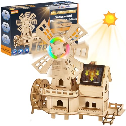 Stecksystem Solar 3D-Holz-Puzzle | Werkzeugfreies DIY Building Kit,Wasserrad-Holländisches-Windmühlenhaus-Bausatz |Mint Experimente für Kinder ab 8-15 & Erwachsene | Lindenholz – Sicher und Stabil.