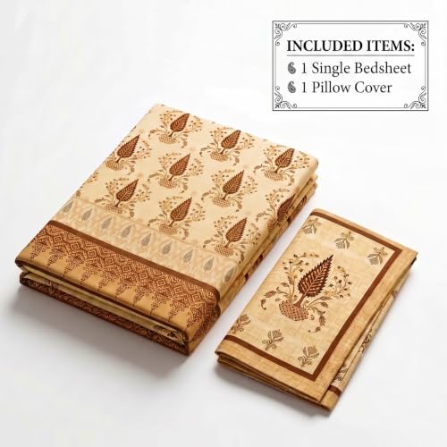 Image of BSB HOME 240 TC Cotton Single Bedsheet, Premium Soft & Breathable Single Bed Sheet, Skin Friendly Durable Printed Bed Cover for Bedroom, Elegant Cotton Bedding, 60 x 90 Inches - Honey Beige