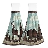 Black Bear Hanging Kitchen Towels Set 2 Pcs - Retro Forest Deer Dish Cloth Tie Towel Absorbent Soft