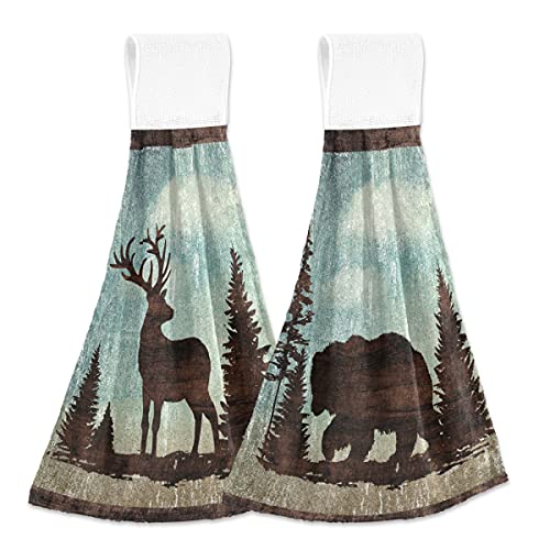 Black Bear Hanging Kitchen Towels Set 2 Pcs - Retro Forest Deer Dish Cloth Tie Towel Absorbent Soft Dry Towel For Bathroom Laundry Room Decor #TOP15