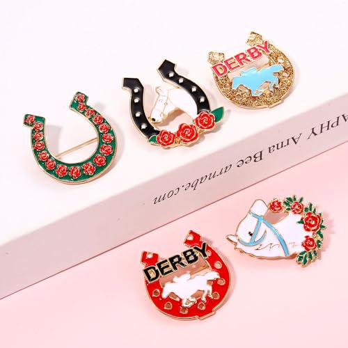 Image of Kentucky Derby Brooches for Women Enamel Horseshoe Riding Suit Brooch Pins Rose Horse Race Day Brooches Kentucky Derby Outfits Accessories Jewelry Gifts