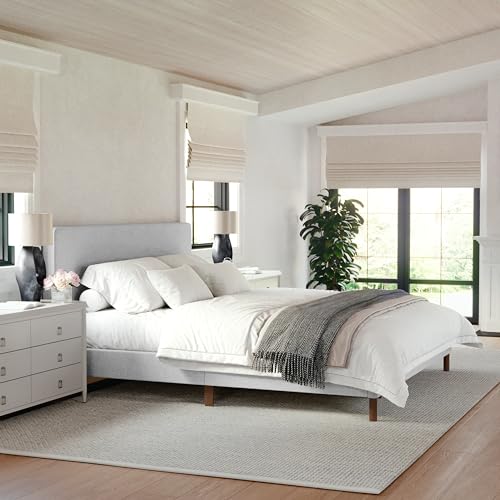 Image of Martha Stewart Britta Platform Bed with Headboard & Footboard, Faux Linen Upholstery with Piping Detail, Rounded Headboard, No Box Spring Needed, King, Gray