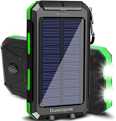 Durecopow Solar Charger, 20000mAh Portable Outdoor Waterproof Solar Power Bank, Camping External Backup Battery Pack Dual 5V USB Ports Output, 2 Led Light Flashlight with Compass (Green)
