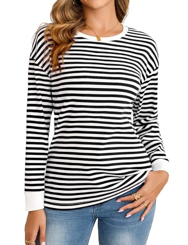 Totatuit Pullover Damen Streifen Rundhals Langarm Bluse Lässig Sweatshirt Y2K Oberteile Herbst Winter T-Shirts mit Rundhalsausschnitt Locker Tops Schwarz L