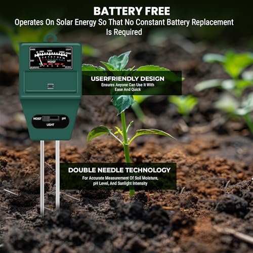 Image of Roots & Leaf Solar pH Meter for Soil Testing - New 3 in 1 Soil Moisture Sensor, Soil pH Meter for Agriculture & Solar Light Meter, Moisture Meter for Plants, Acidity Tester - Pack of 1