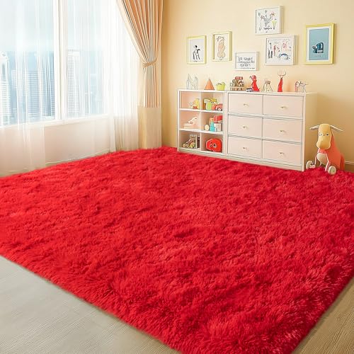 Large Shag Rugs 6 x 9, Red Fluffy Area Rug for Living Room, Soft Fuzzy Plush Carpet for Bedroom Girls Kids Room, Indoor Shaggy Rug for Home Decor Aesthetic, Upgrade Non-Slip