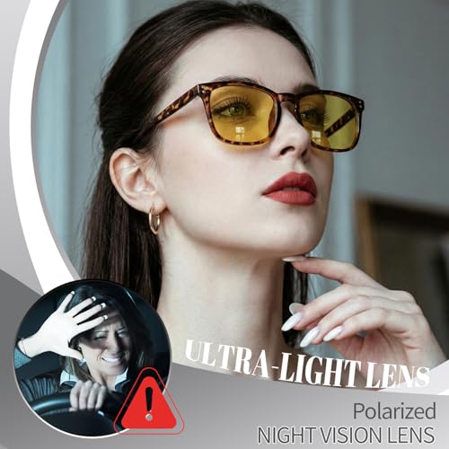 Image of Polarized Sunglasses for Women Men Night Vision Glasses Anti Glare | Yellow Anti Glare UV400 Lens, Lightweight Square Frame, for Day Night Use, Driving, Fishing, Cycling, Traveling