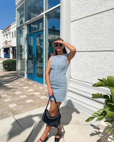 Image of Daacee Women's Sleeveless Bodycon Denim Mini Dress Sleeveless Waist Tucks Zipper Short Tank Jean Dresses Concert Outfits