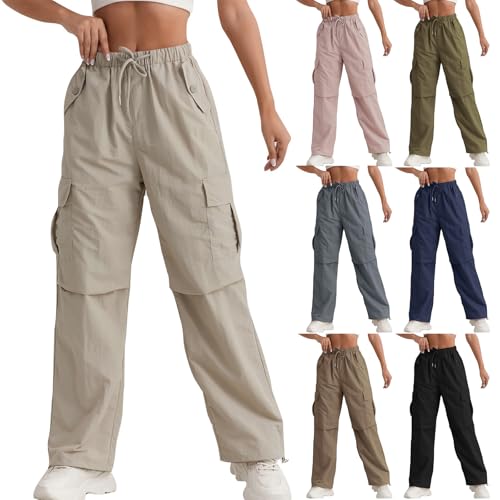 Baggy Cargo Pants Women High Waisted Wide Leg Summer Casual Pants Elastic Drawstring Waist Combat Military Trousers