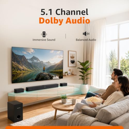 Image of Amazon Basics 500W Soundbar with Subwoofer & Surround Speakers, 5.1 Channel Dolby Digital Home Theatre System for TV, 6.5 inch BassDriver, HDMI ARC, Optical, Bluetooth 5.3, USB, AUX, Remote Control, Black